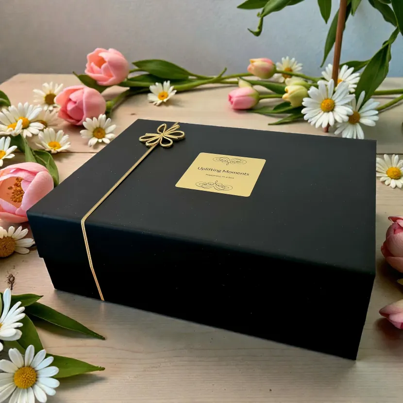 A black rectangular gift box with a gold decorative flower detail, surrounded by pink tulips and white daisies.