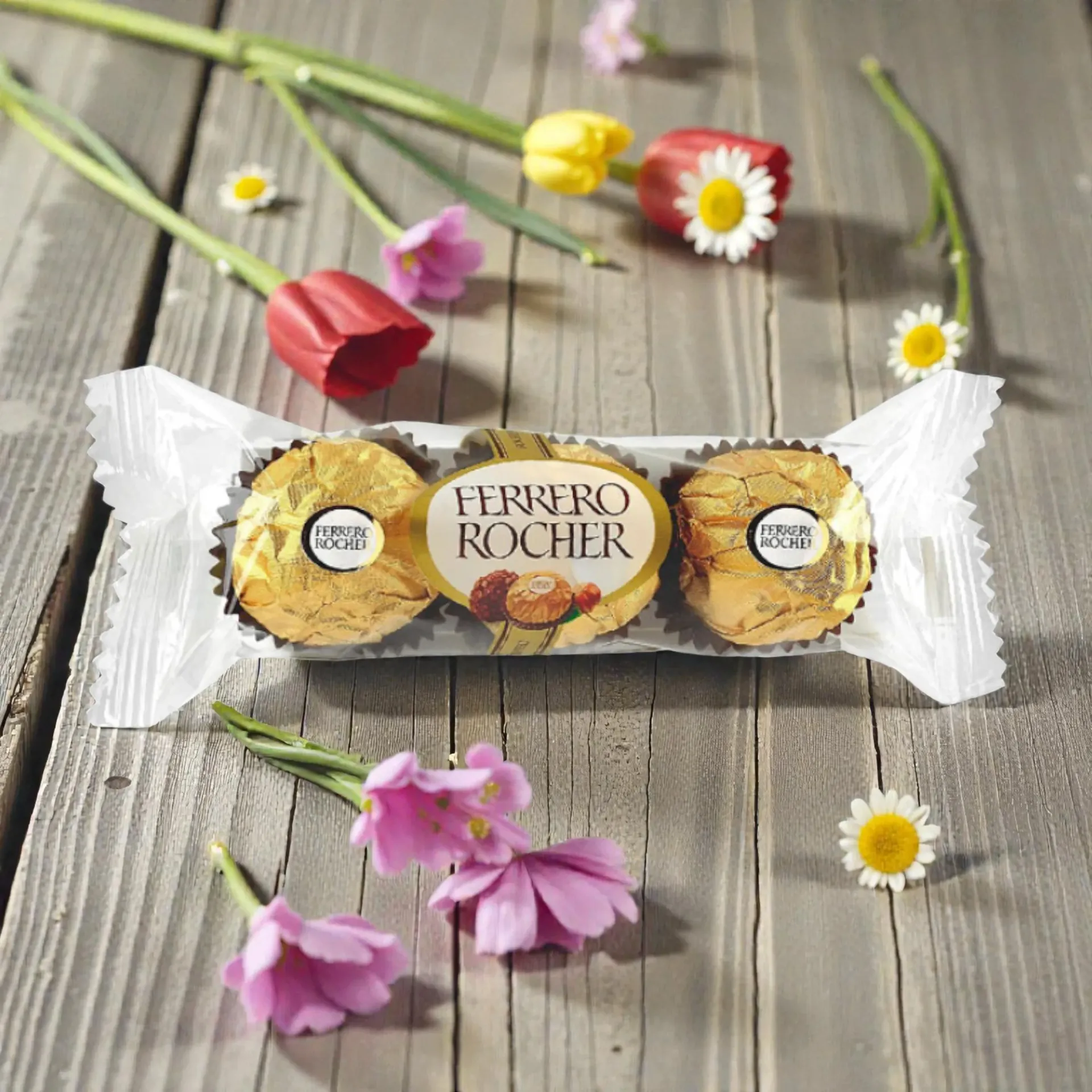 Ferrero Rocher chocolates on a rustic wooden surface with scattered spring flowers