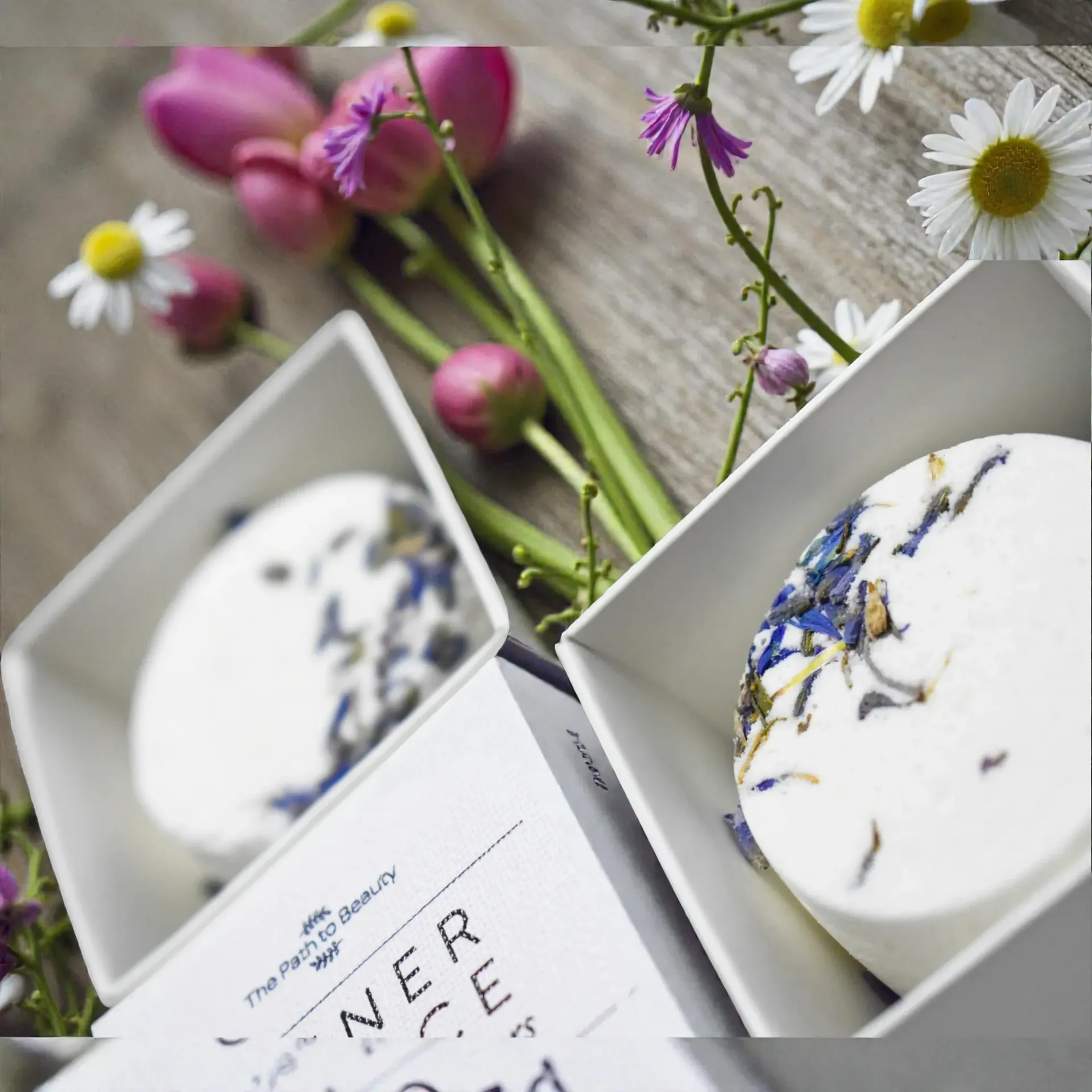 Two white gift boxes with round white shower steamers topped with dried flowers and petals on a gray surface