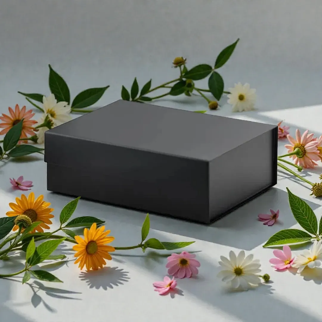 Black rectangular box surrounded by colorful flowers and green leaves on a light background