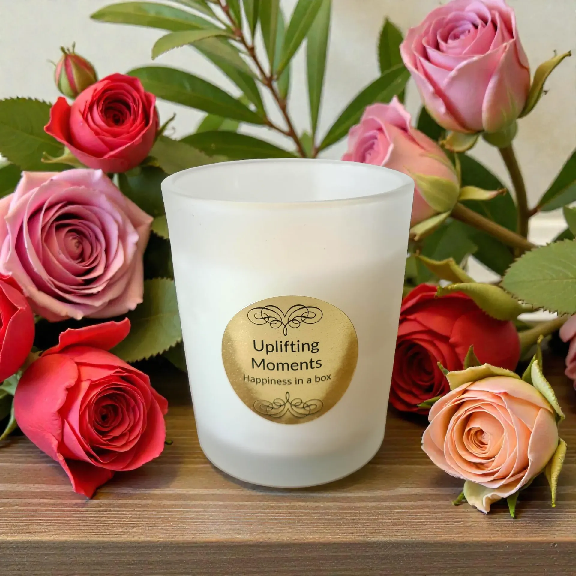 Frosted candle labeled “Uplifting Moments” surrounded by pink and red roses on a wooden surface