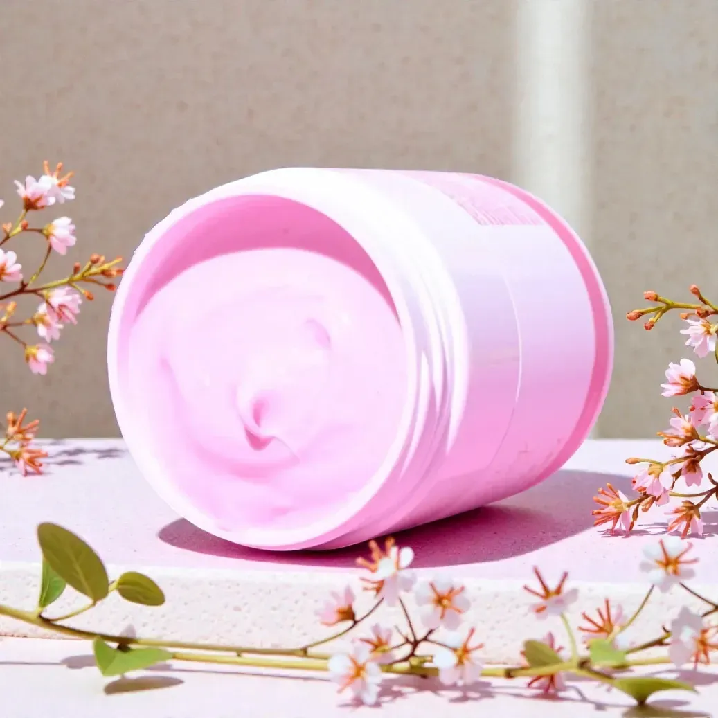 White body custard jar with pink label, surrounded by pink flowers and green leaves on a wooden surface