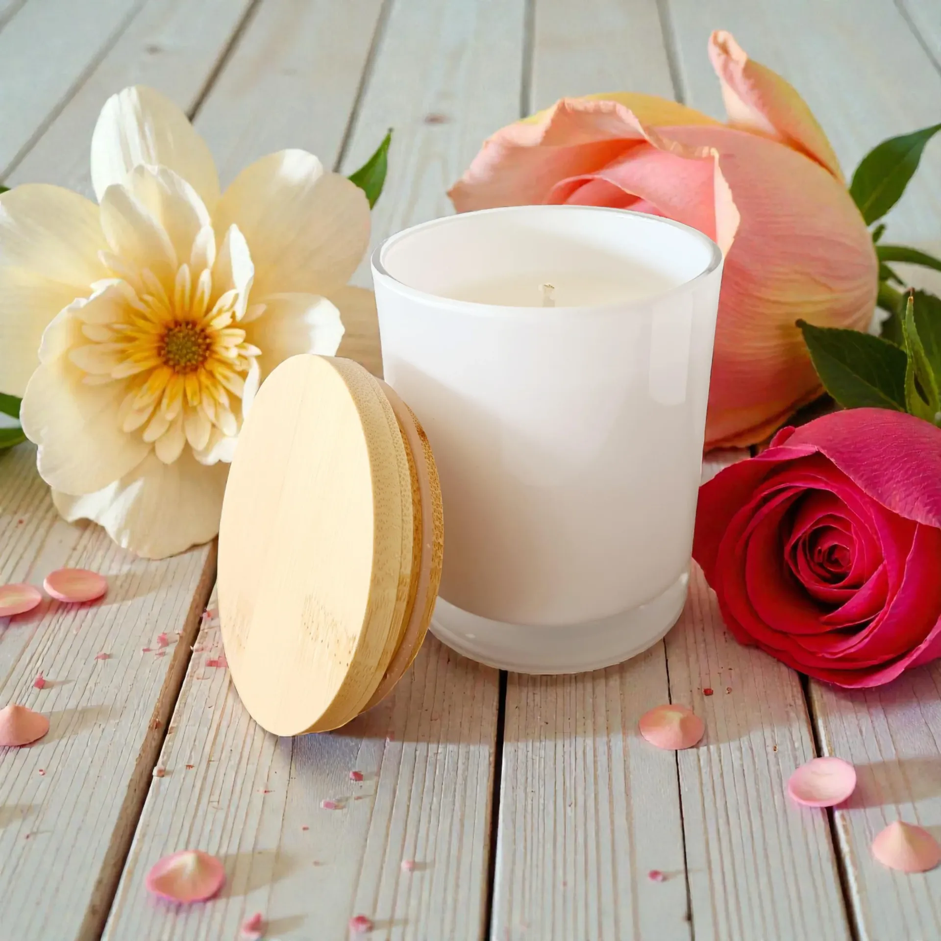 White candle with lid, surrounded by pastel flowers on a wooden surface
