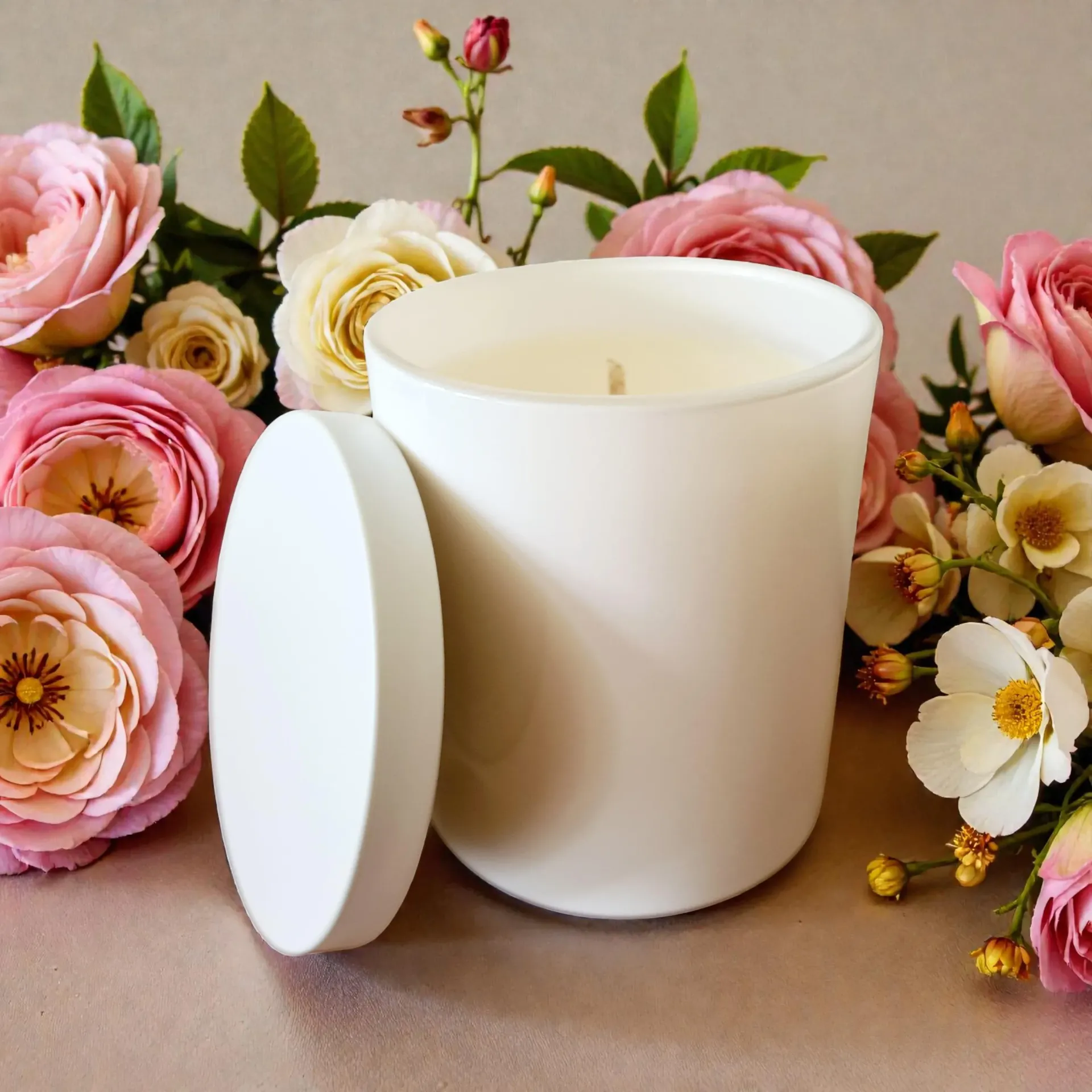White candle jar with lid, surrounded by pink and cream flowers on a beige surface