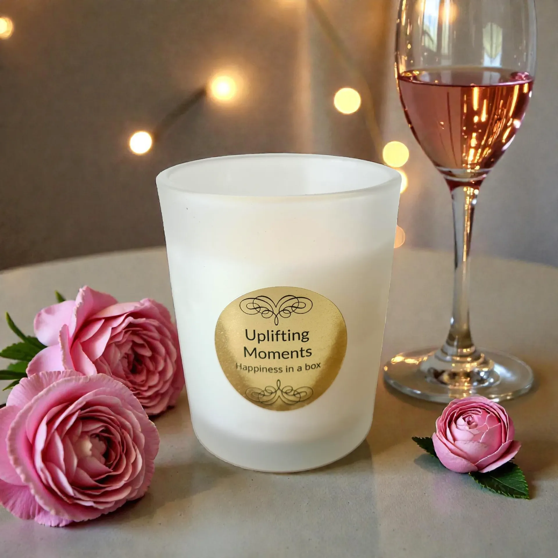 Frosted candle with “Uplifting Moments” label, pink roses, and a rosé wine glass on a soft-lit table