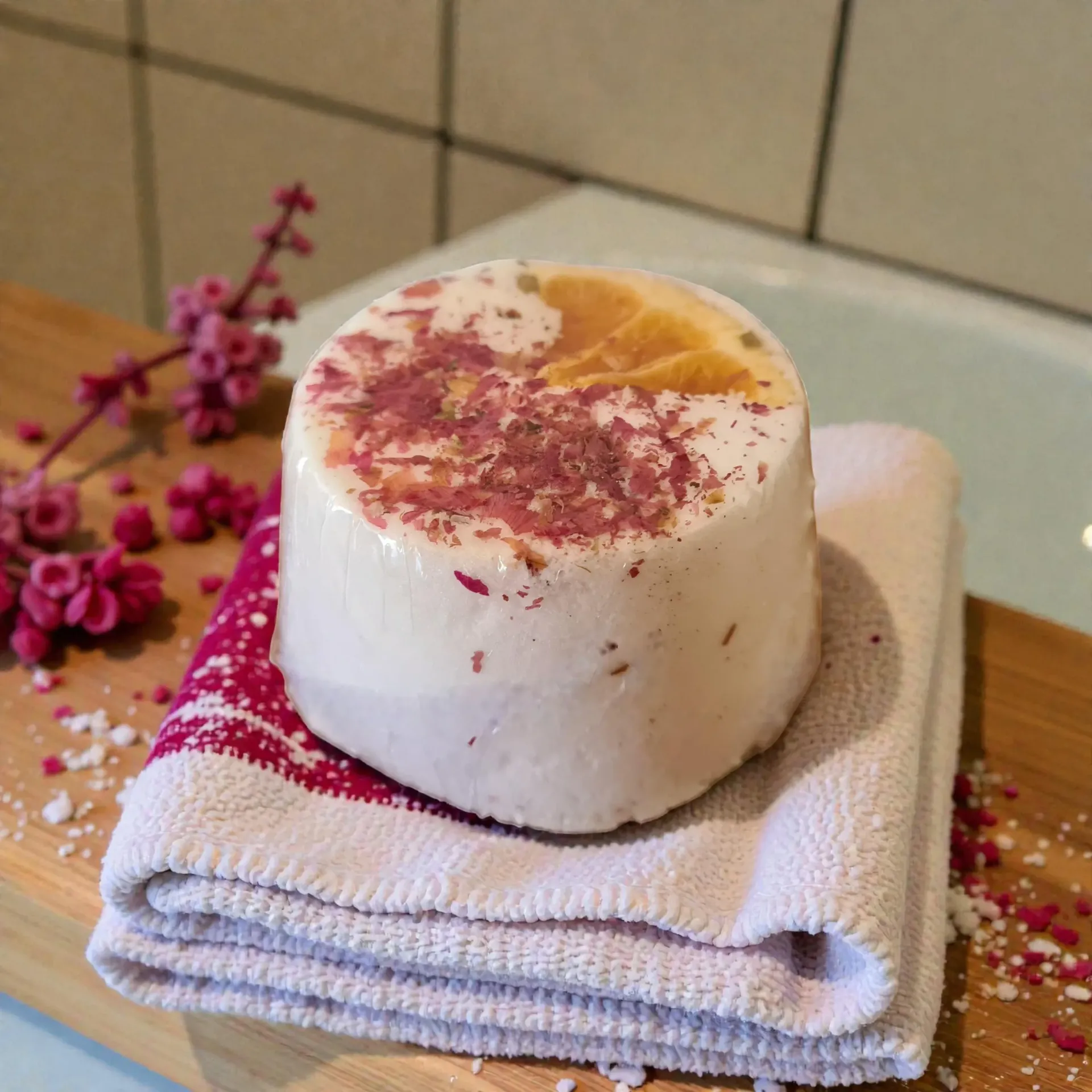 White cylindrical bath bomb on folded towel, topped with pink sprinkles on a wooden counter