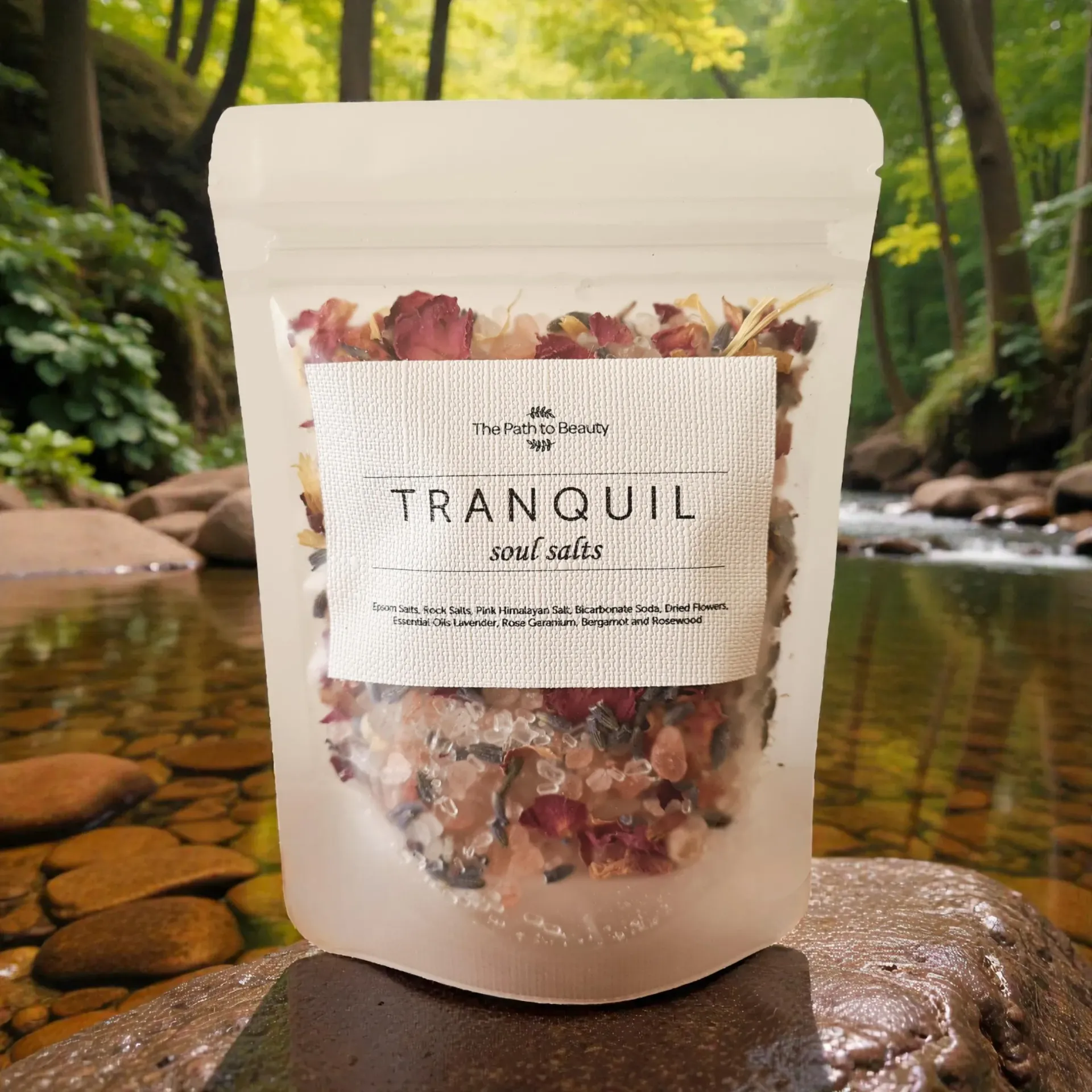 White pouch labeled “Tranquil” bath salts with dried flower tea, standing on a rock by a stream in a forest