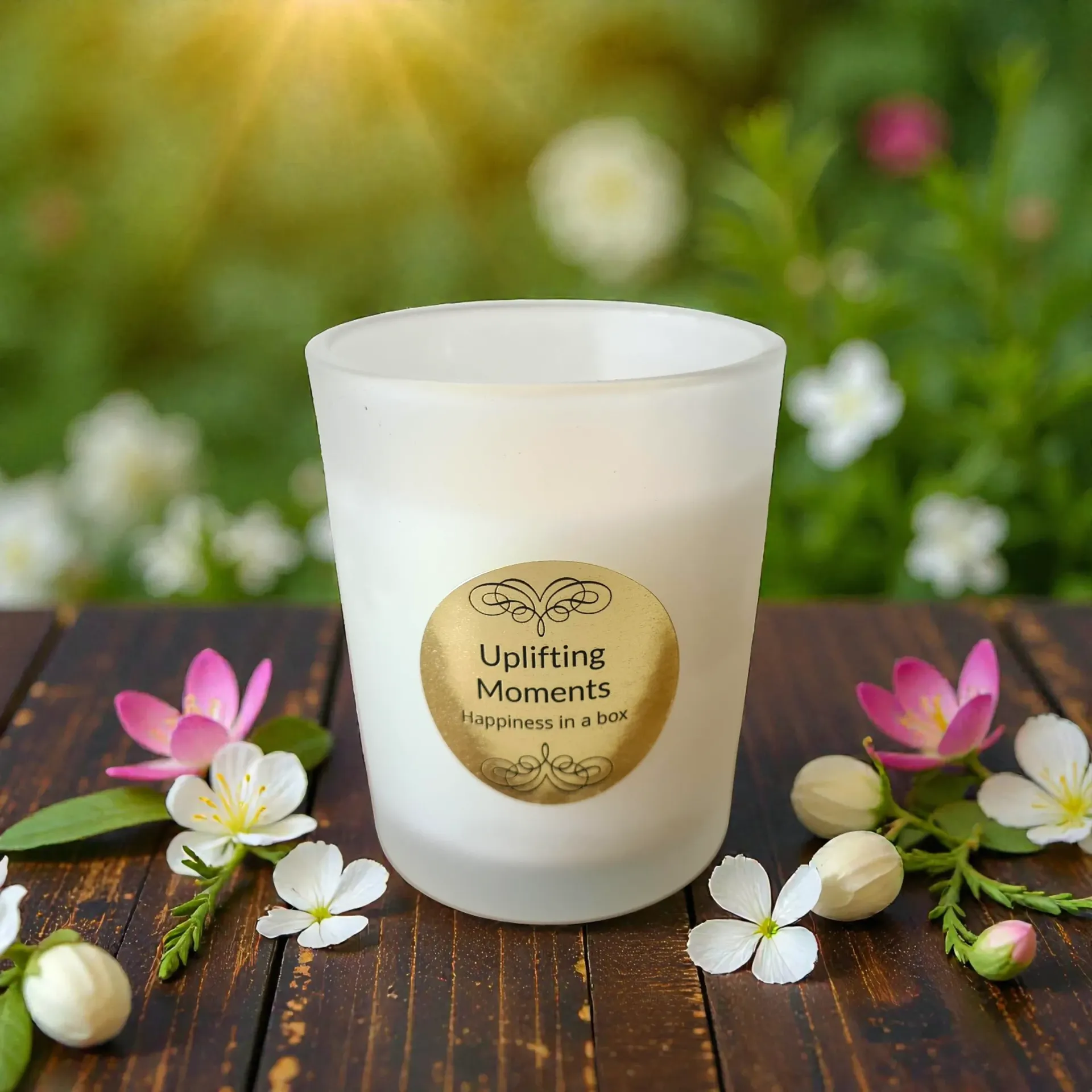 Frosted candle on wooden table with pink and white flowers in a sunlit garden