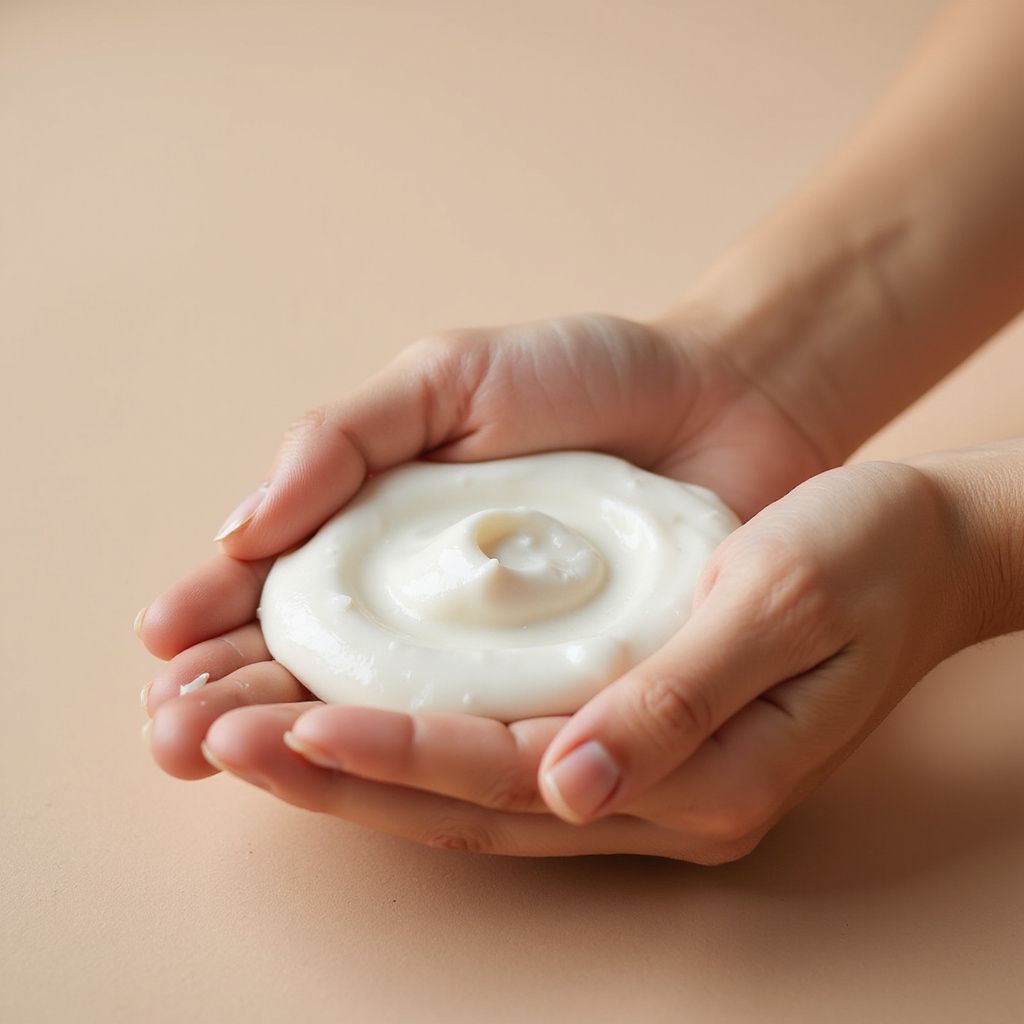Hands cupping a dollop of white cream against a soft, light tan background.