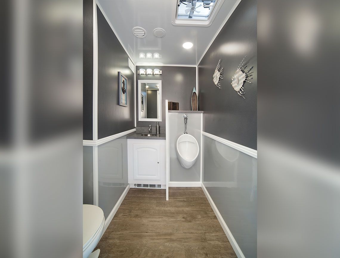 Narrow gray bathroom with white trim, wood-look floor, sink vanity, toilet, and ceiling lights