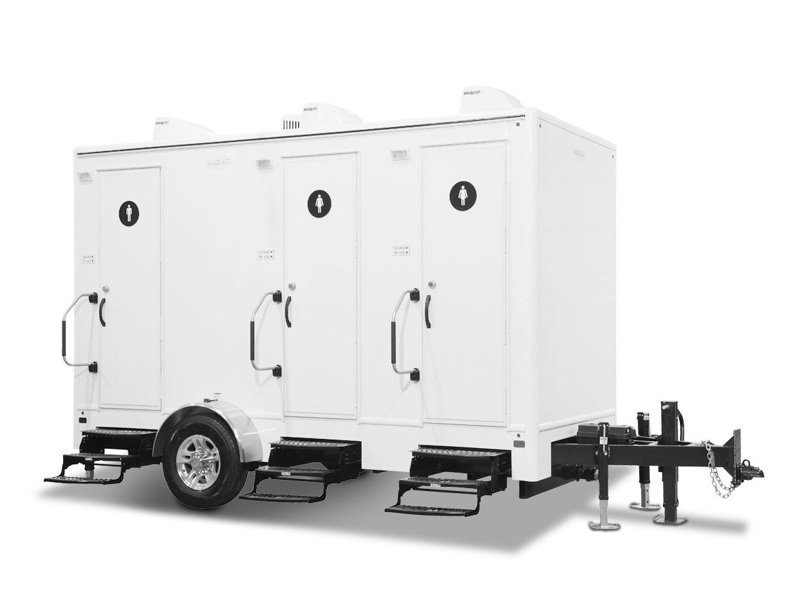 White mobile trailer restroom unit with three doors and a tow hitch on a white background