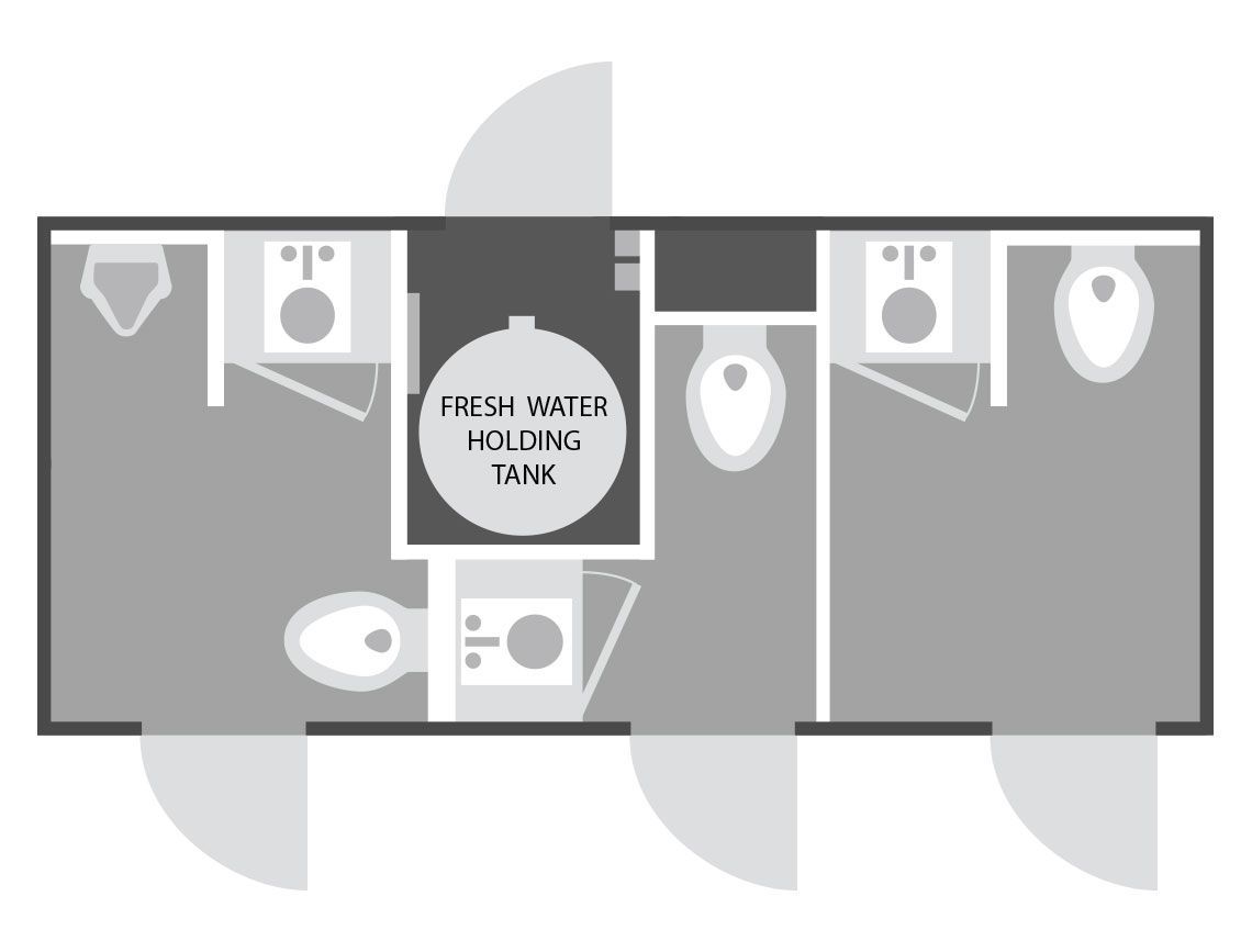 Floor plan of a public restroom with labeled fresh water holding tank center and multiple stalls/sinks.