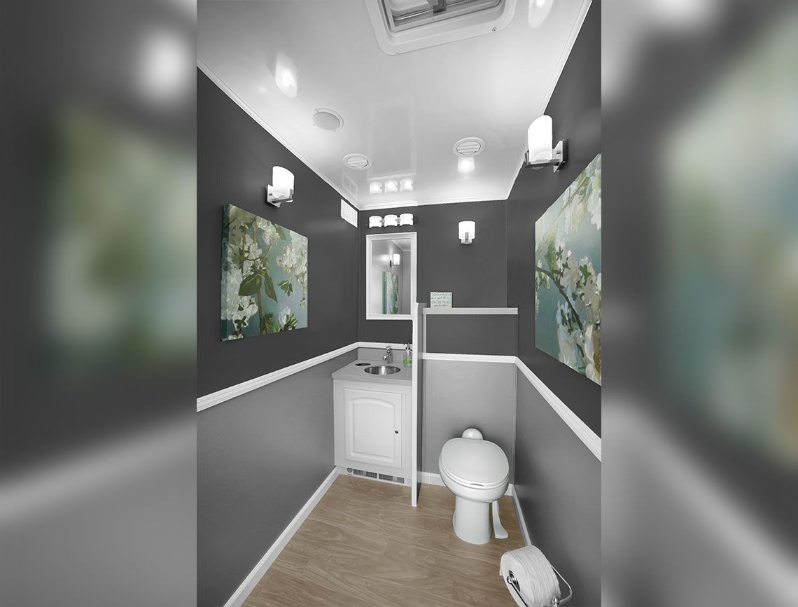 Small modern bathroom with gray walls, floral art, toilet, sink cabinet, and white ceiling lights.