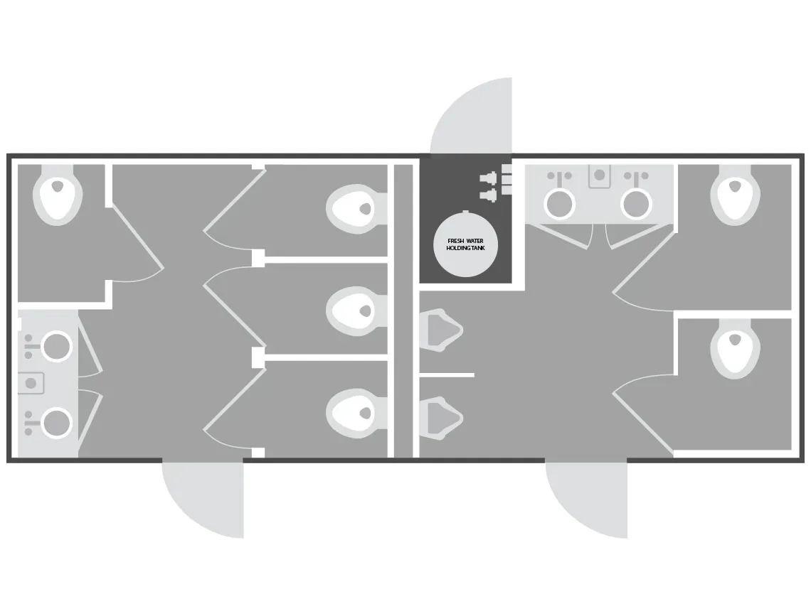 Gray restroom floor plan with two stalls, sinks, and central accessible toilet area