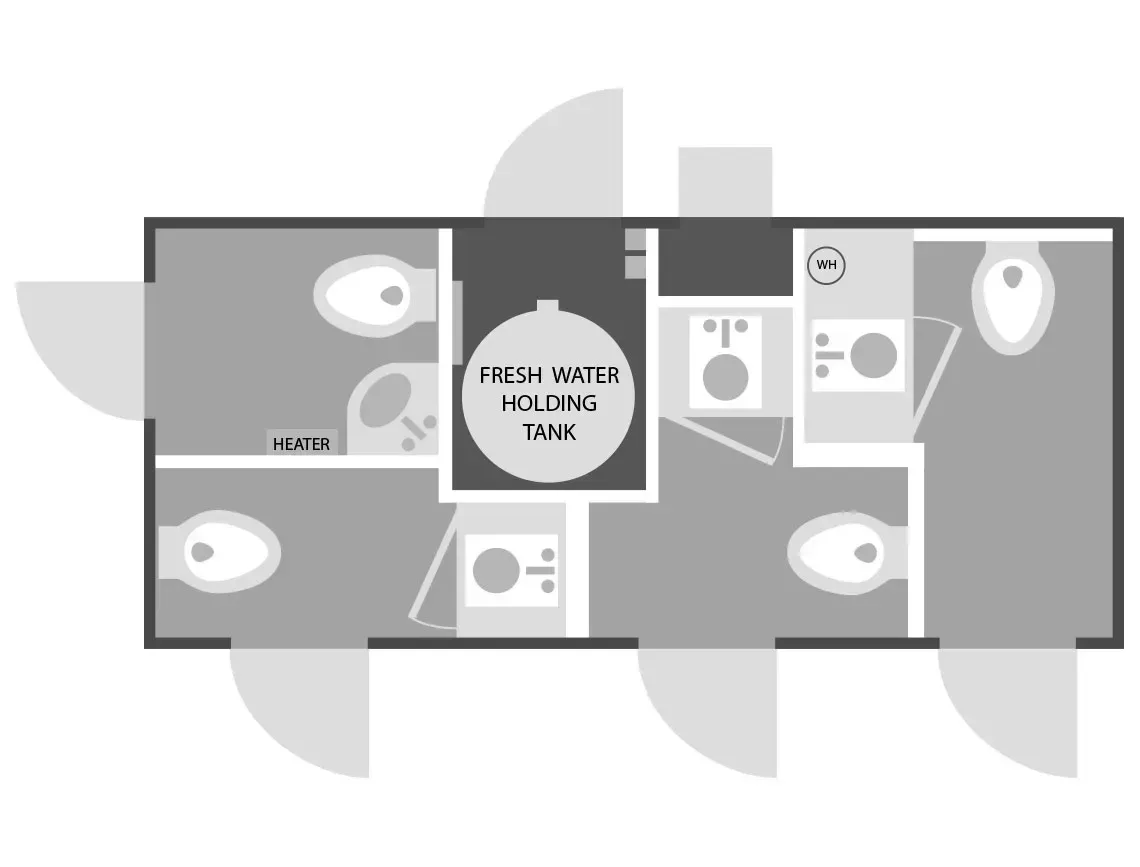 Floor plan of a restroom layout with toilets, sinks, stalls, and entry doors