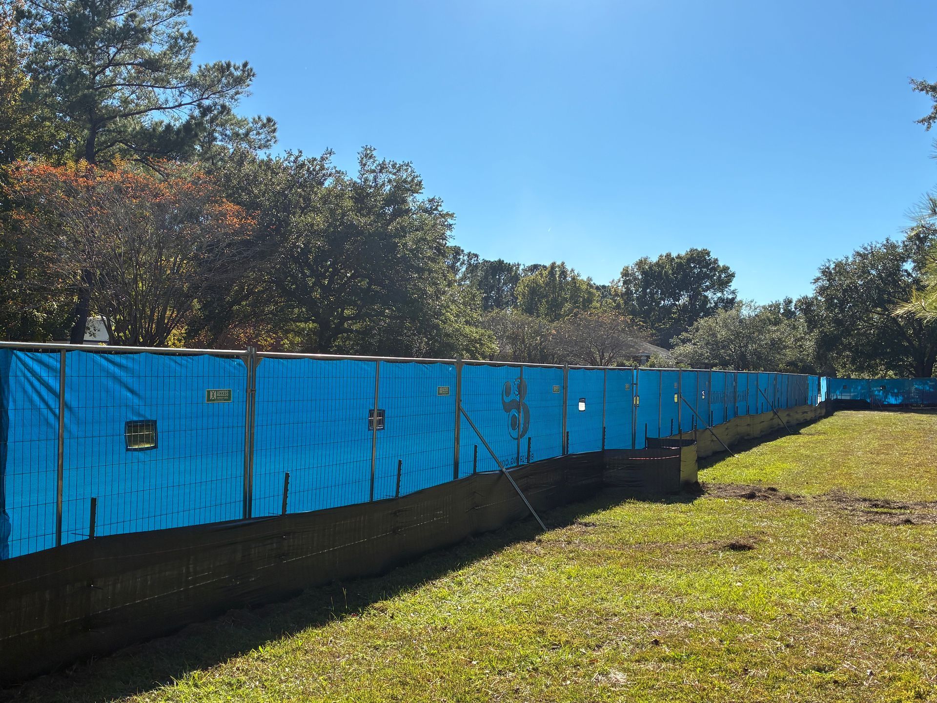 Blue construction fence along a grassy roadside beneath trees on a sunny day