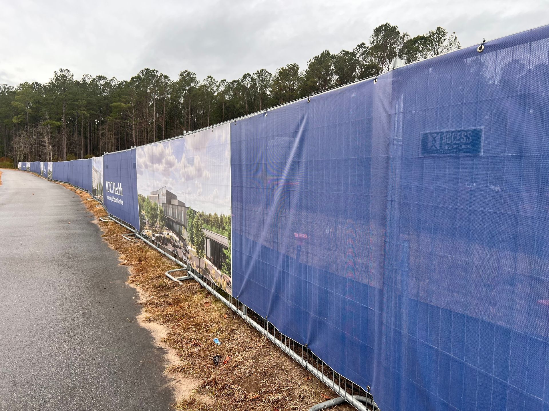 Blue construction fence along a wet roadside beside a wooded area