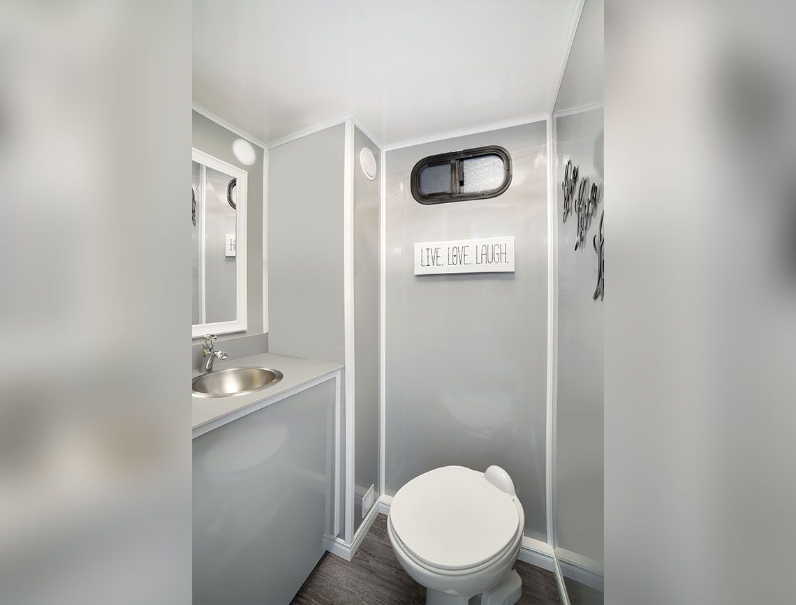 Small gray bathroom with toilet, sink, mirror, and “NIPPLE” sign above the toilet.