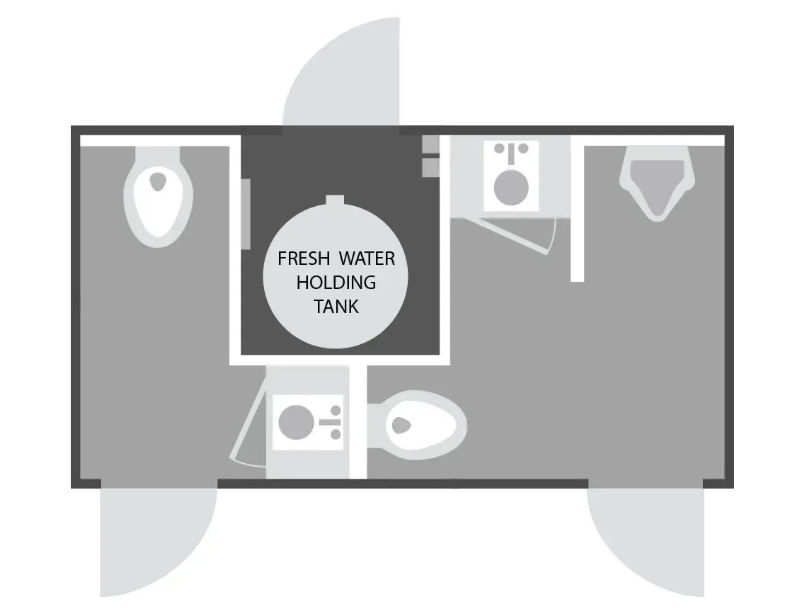 Restroom floor plan with labeled stalls, sink, toilet, and centered circular sign.