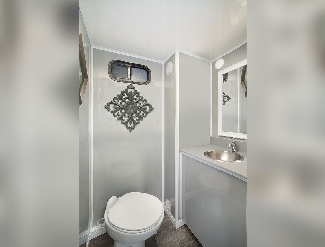 Small powder room with a white toilet, wall decor, and a sink countertop beside a mirror.
