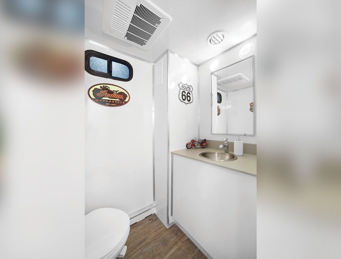 Small white bathroom with sink, mirror cabinet, toilet, and wood-look floor.