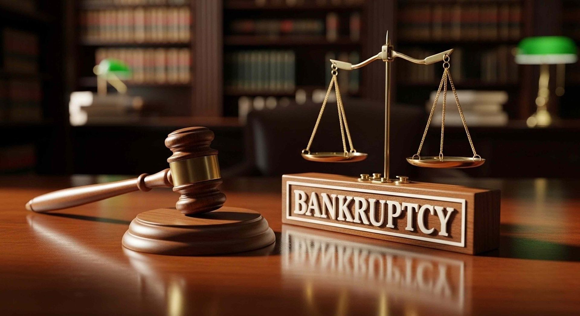 Judge’s gavel beside scales and “BANKRUPTCY” sign on a desk in a law office