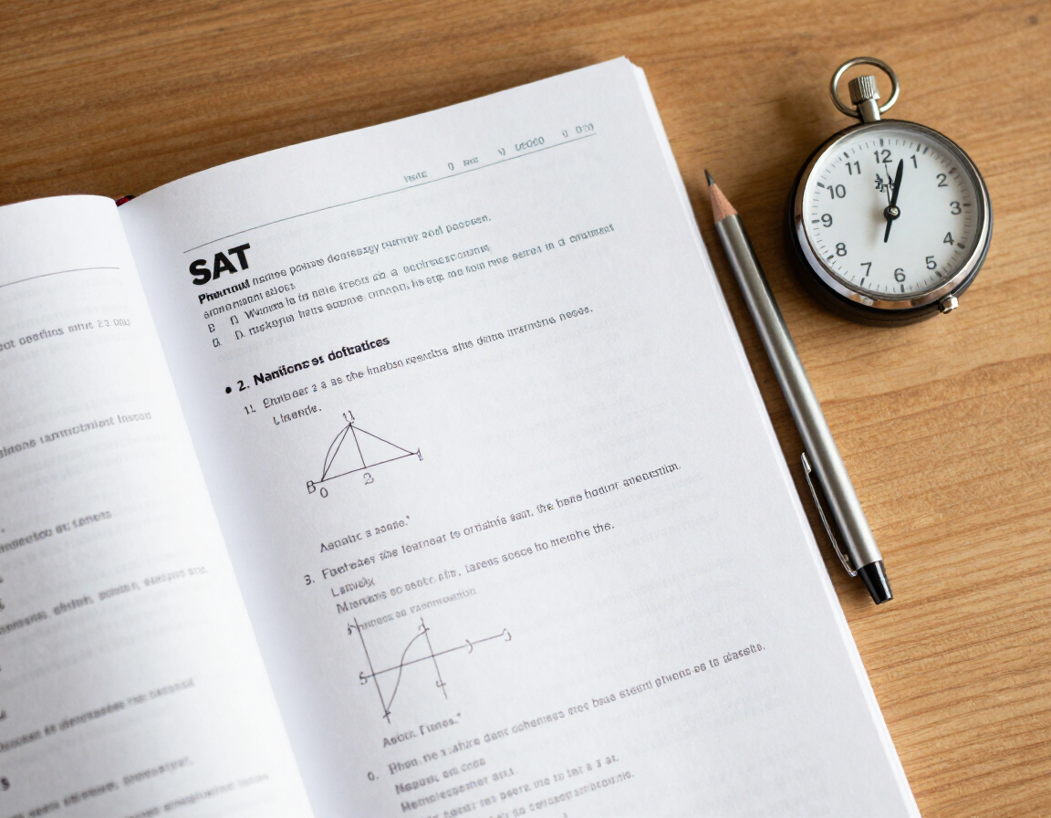 SAT practice workbook with pencil and timer on a warm desk