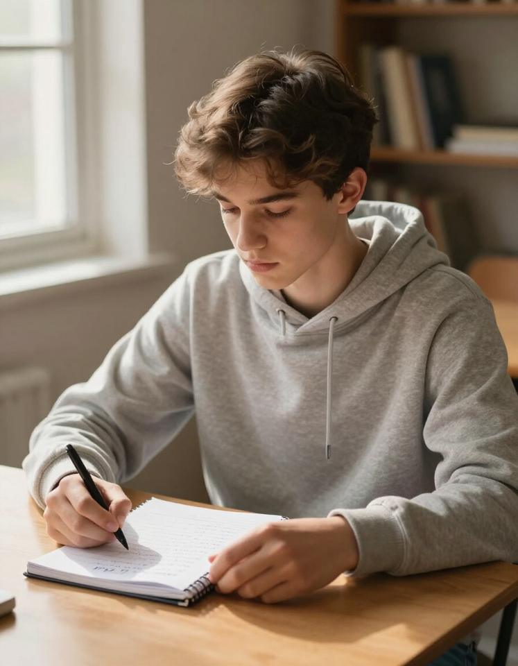 Student focused on SAT prep work at a desk