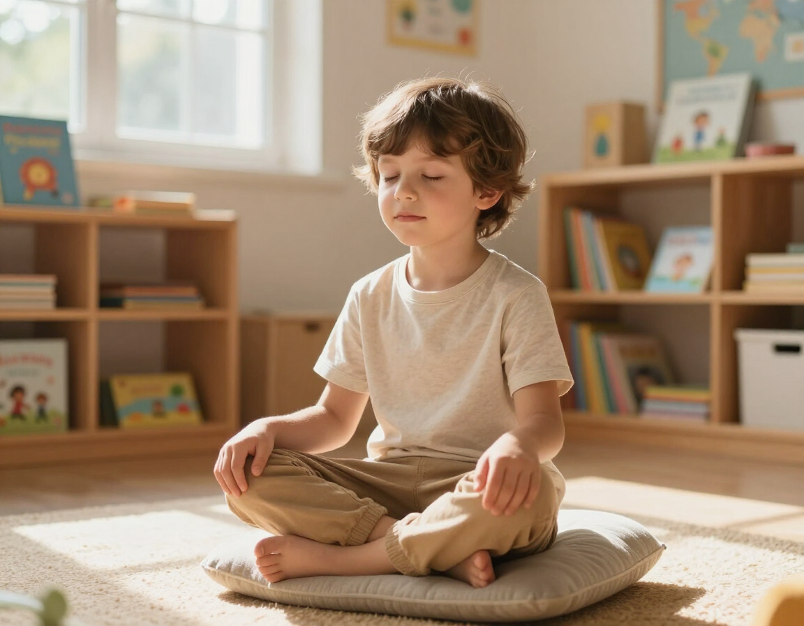 Child in mindful meditation pose in a warm classroom setting
