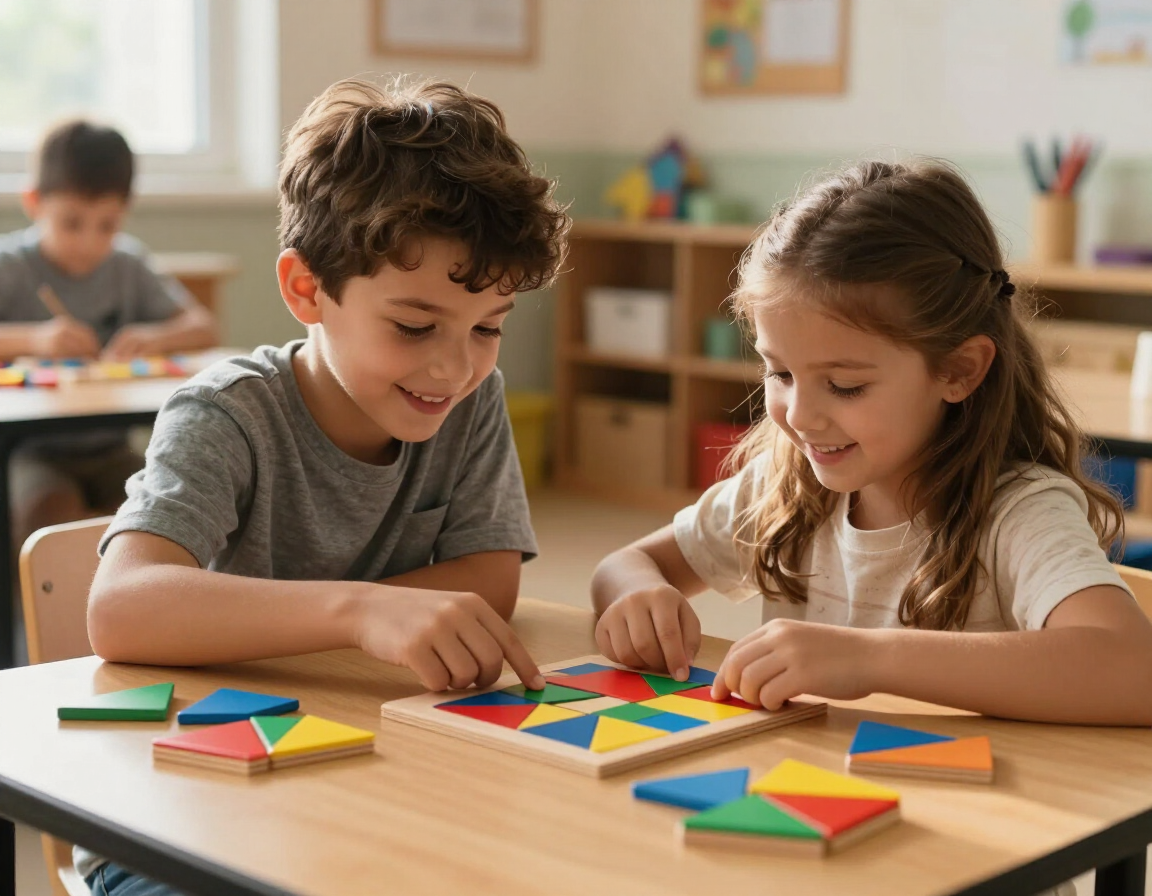 Two children collaborating with wooden blocks and fraction tiles