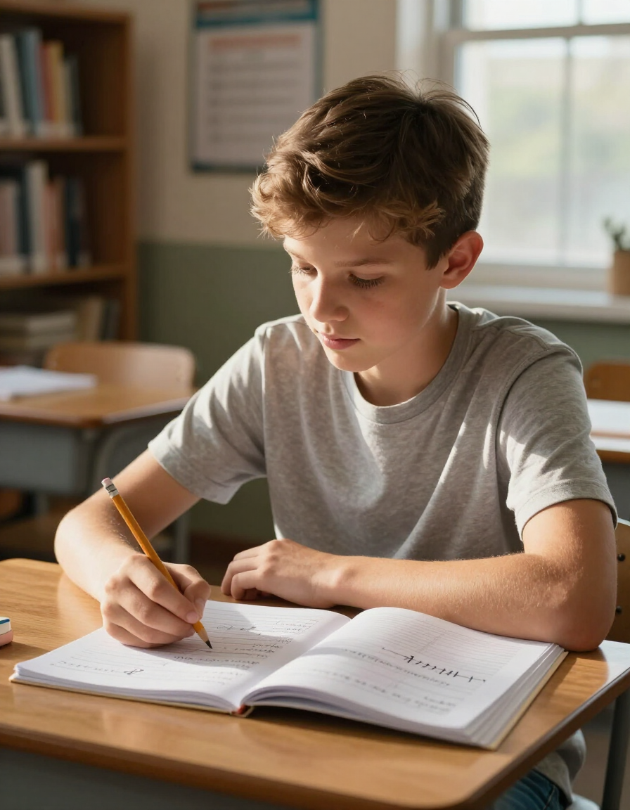Middle school student solving advanced math problems