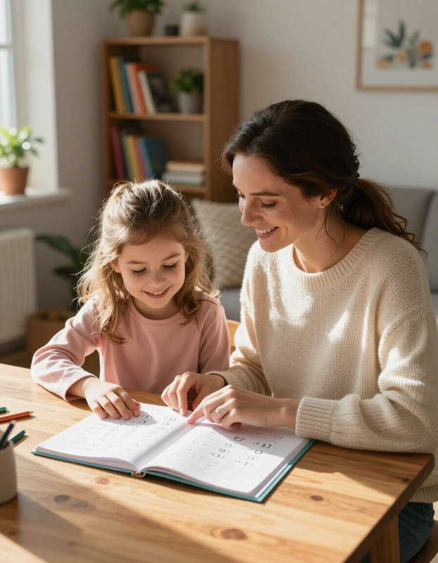 Homeschooling mother and daughter working together at home