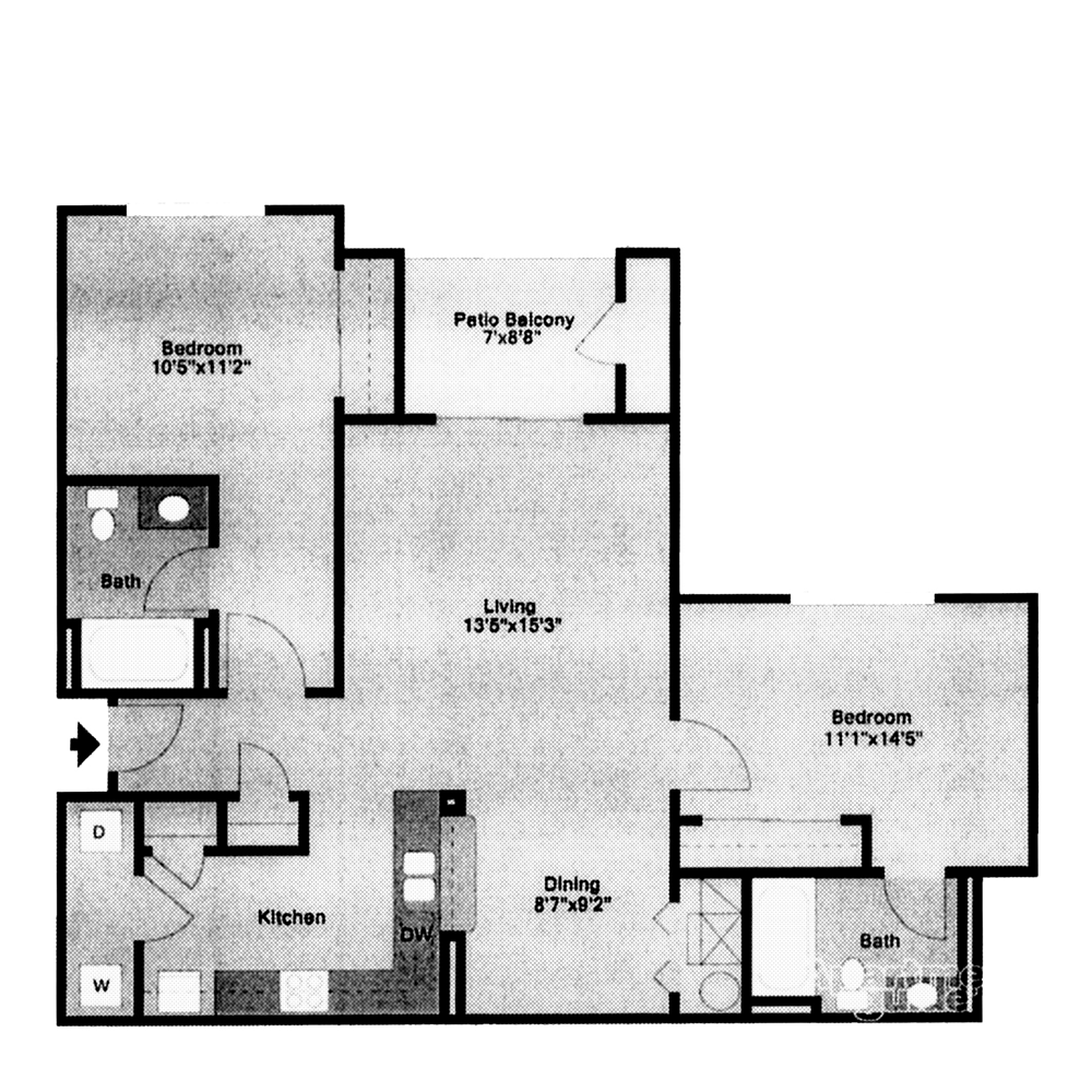 Floor plan: two-bedroom apartment with living, dining, kitchen, balcony, and two bathrooms.