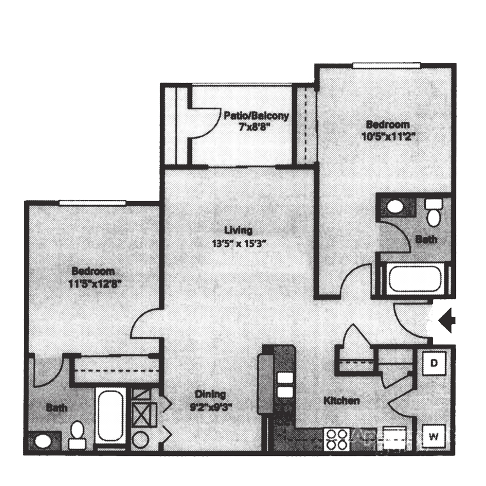 Floor plan of a two-bedroom apartment with a living area, kitchen, dining area, balcony, and two bathrooms.