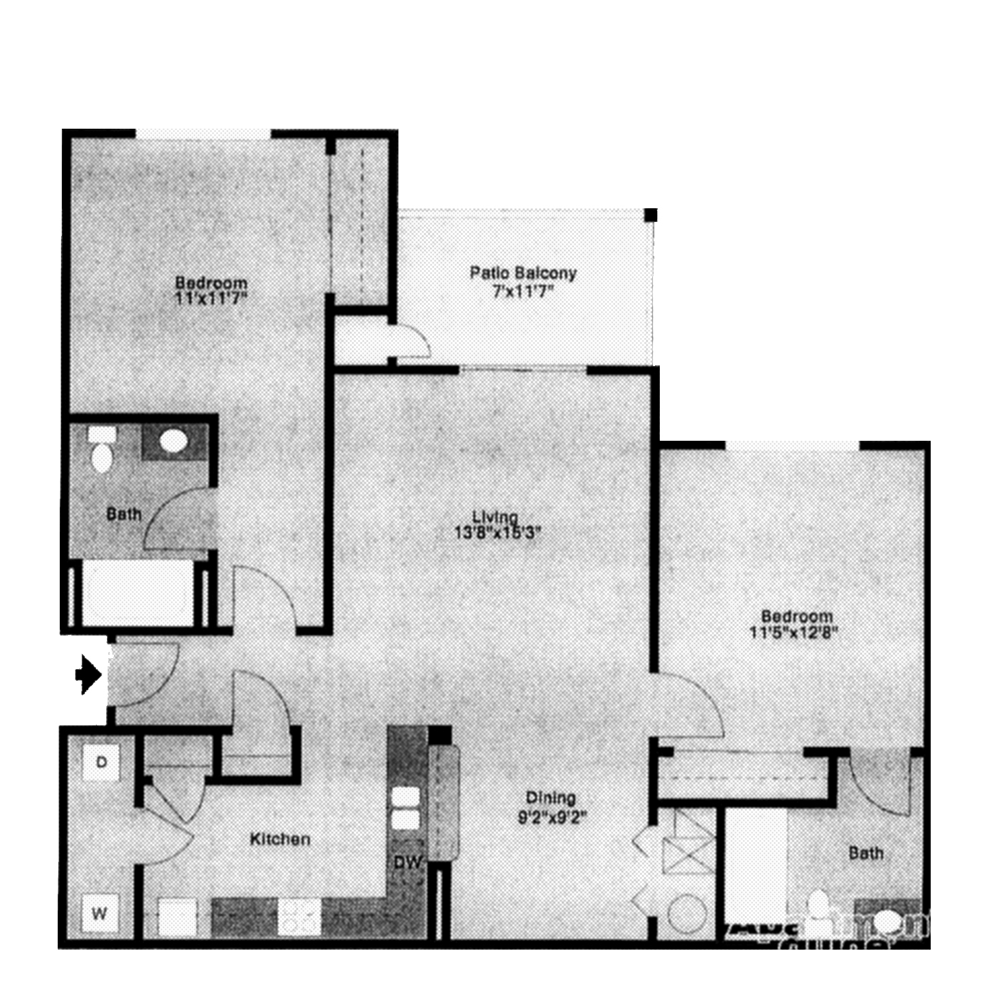 Floor plan of a two-bedroom apartment with a living area, dining, kitchen, patio balcony and two bathrooms.