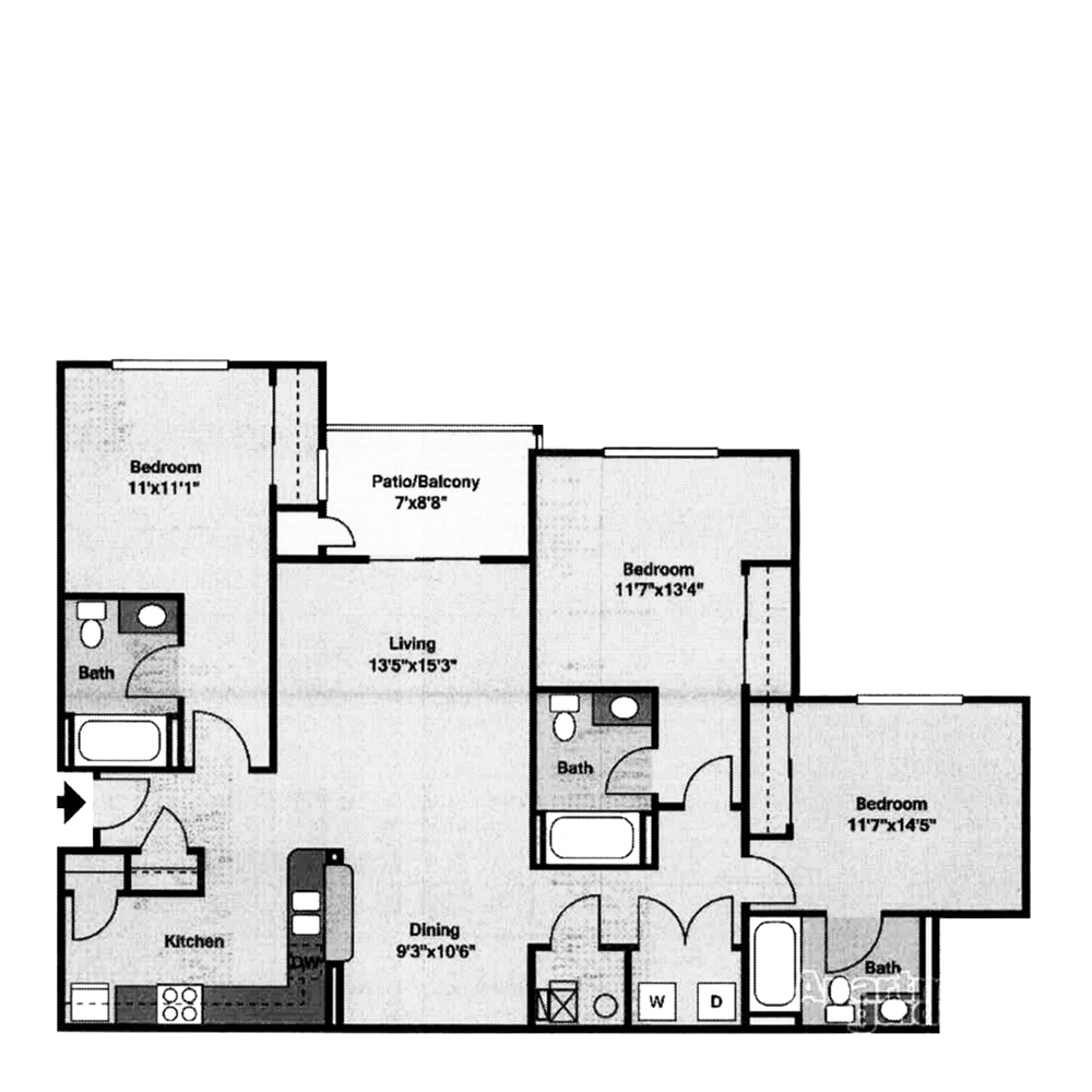 Floor plan of a three-bedroom apartment, showing the layout of rooms, including dimensions.