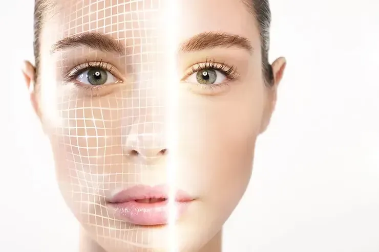 Close-up face with a white facial grid overlay, split between natural skin and a bright cosmetic treatment effect