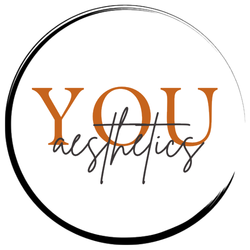 Circular logo with orange “YOU” and black script “aesthetics” inside a thin black ring