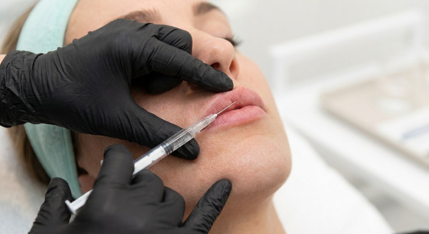 Gloved hands apply cosmetic treatment to a client’s eyebrow with a handheld tool