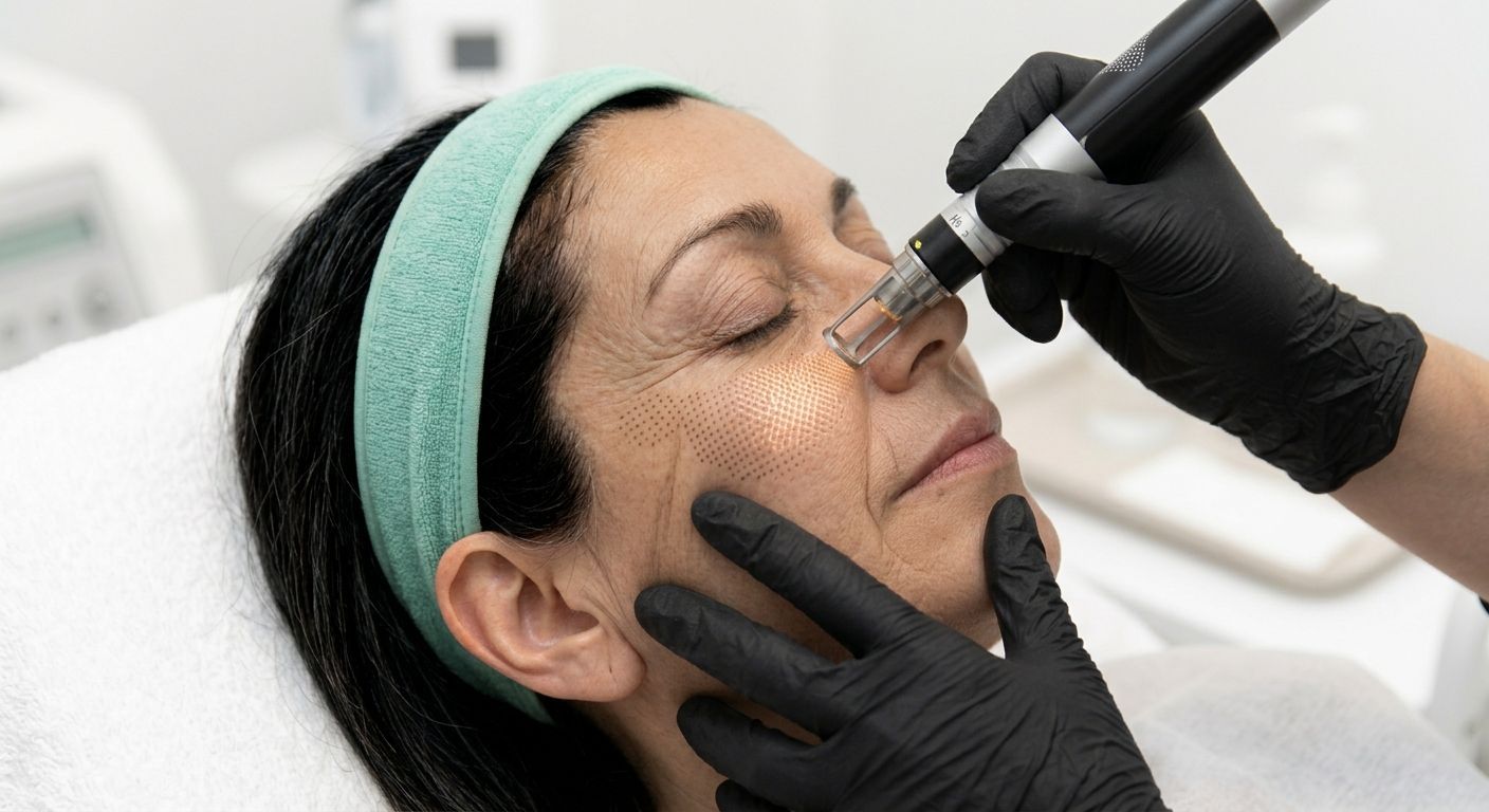 Person receiving facial laser treatment while wearing protective goggles and a white headband