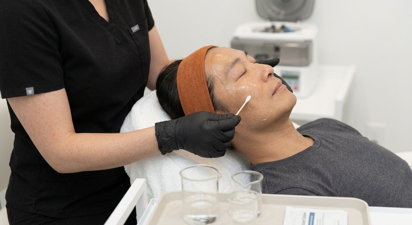 Aesthetic treatment in a clinic, with a masked practitioner applying a facial device to a patient