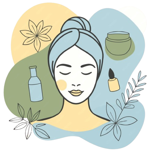 Minimal skincare illustration of a calm face with bottles, jar, and floral accents on pastel shapes