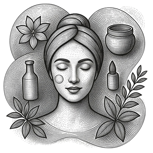Minimal skincare illustration of a calm face with bottles, jar, and floral accents on pastel shapes