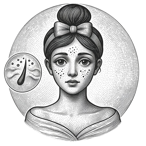 Illustration of a worried woman with acne and an inset showing a clogged pore on her face