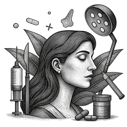 Dental checkup illustration with a woman, dental tools, syringe, mirror, and medicine jar