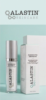 ALASTIN Skincare product ad with two silver-and-white skincare bottles on a pale mint background