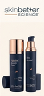 Skinbetter Science skincare products in navy and copper bottles on a light background