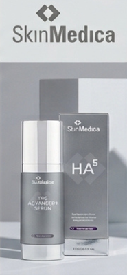 SkinMedica HA5 and TNS Advanced+ serum bottles on a gray background