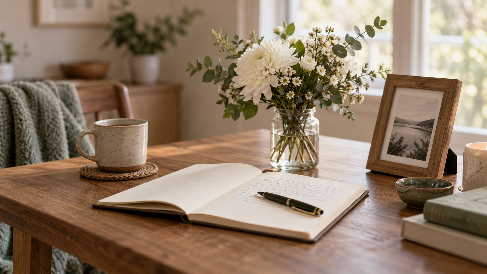 Open Notebook with Pen on A Wooden Table Beside Coffee — Timeless Funerals in Macquarie Park, NSW