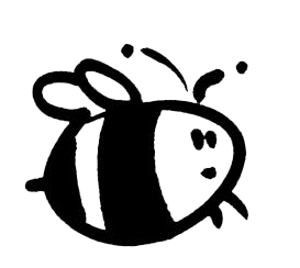 A black and white drawing of a bee with a face on a white background.